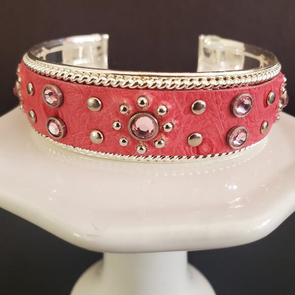 Pink and Silver Tone Cuff Bracelet with Faux Leather and Rhinestone Accents - Picture 9 of 9